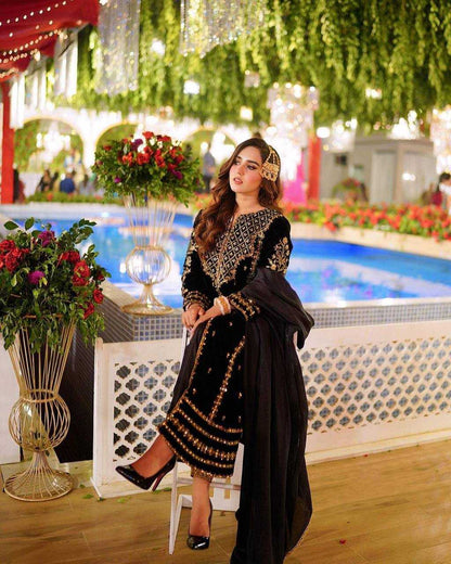 Viscose Kesh123 5098 Suits & Dresses Islamic Clothing  Pakistani Velvet Embroidered Black Salwar Suits