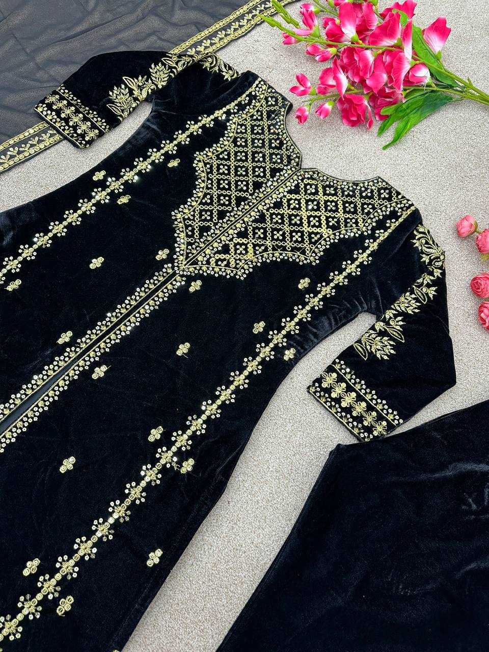 Viscose Kesh123 5098 Suits & Dresses Islamic Clothing  Pakistani Velvet Embroidered Black Salwar Suits